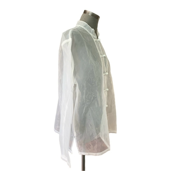 Women’s Shirt Mandarin Long Sleeve Blouse White Organza Sheer Button Front Shirt - Picture 4 of 6